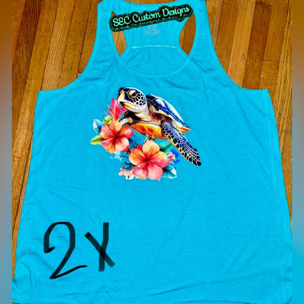 SEC Custom Designs Aqua Blue Floral Sea Turtle Graphic Tank Top Epic MMA brand